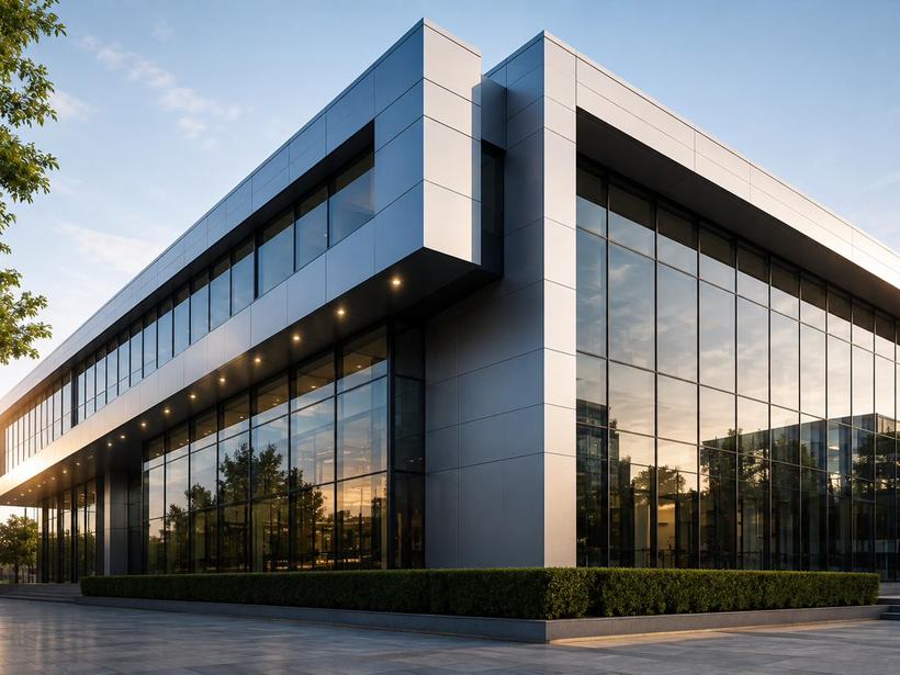 Aluminium composite panel cladding and glazing on a commercial building at dusk