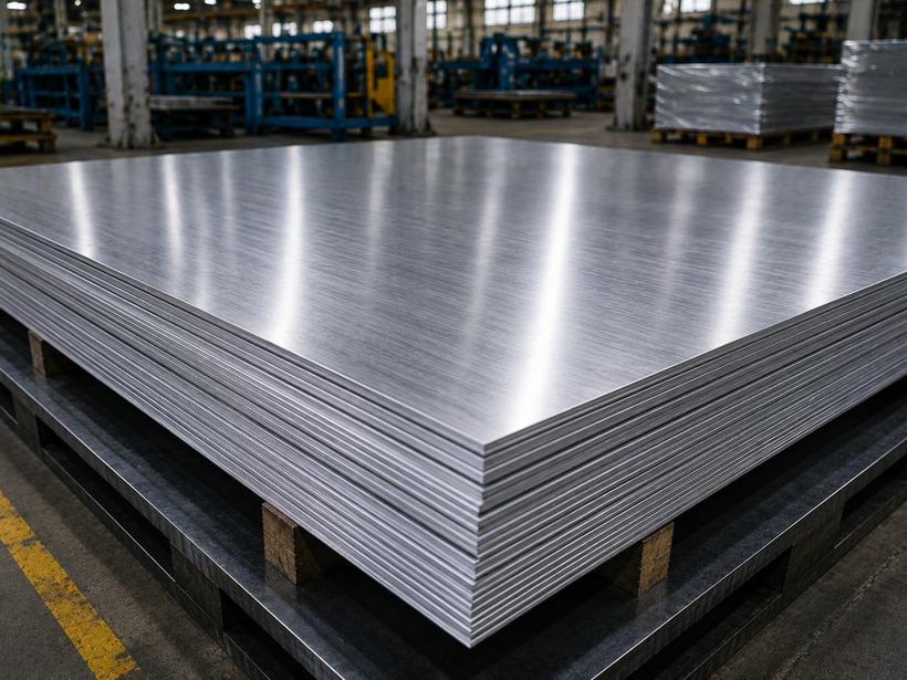 Aluminium sheets and plates stacked in a distribution facility