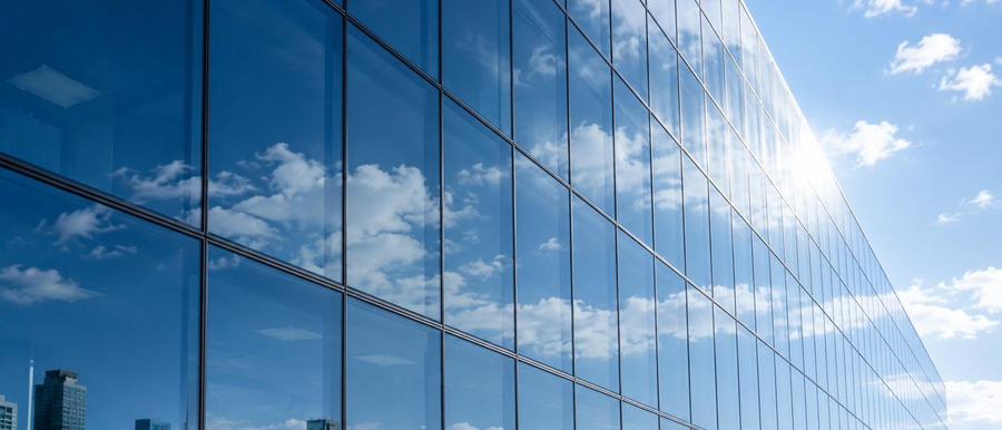 Curtain wall glazing reflecting a high-rise skyline and clear sky