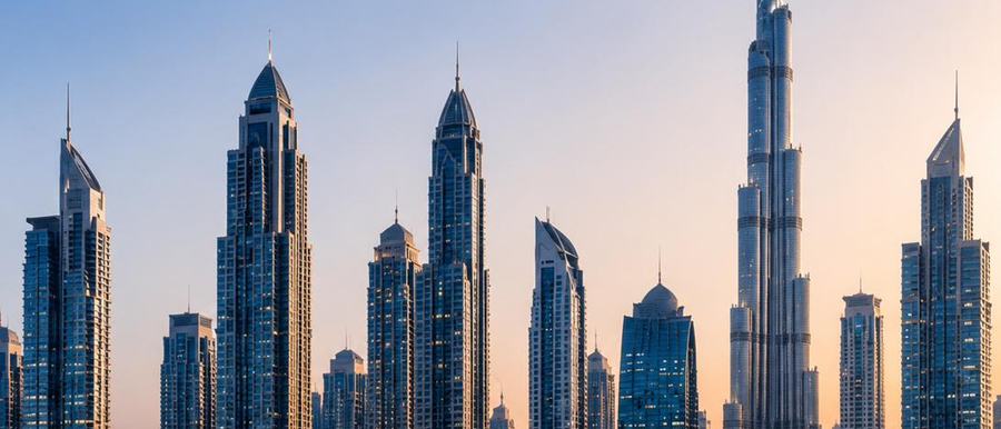 Dubai skyline of high-rise towers at dusk