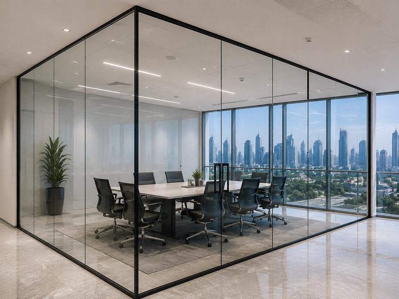 Frameless glass partition around a meeting room with skyline views