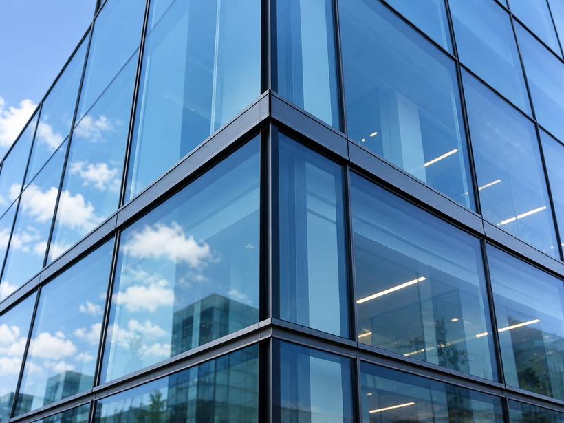 Corner detail of a fully glazed commercial façade