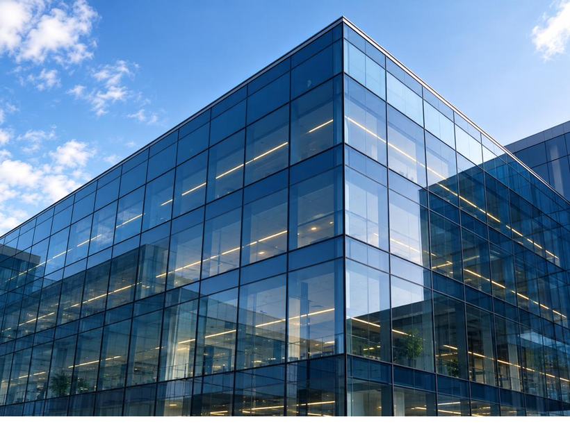 Fully glazed commercial building exterior under clear skies