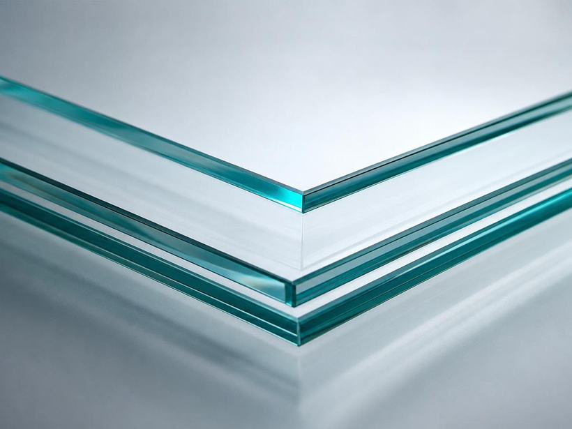 Edge detail of laminated safety glass showing the bonded interlayer