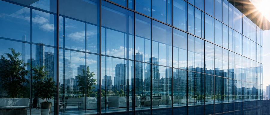 Reflective glass façade of an office tower mirroring the surrounding city