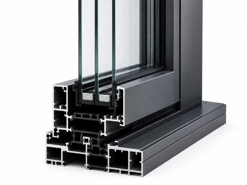Cutaway of a thermally broken aluminium window profile with double glazing