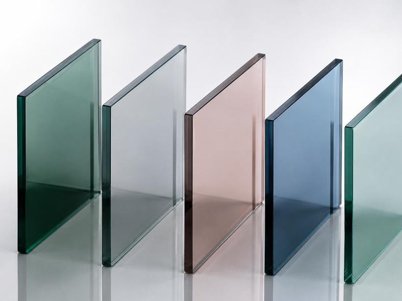Tinted glass samples in bronze, grey, green, blue and neutral shades